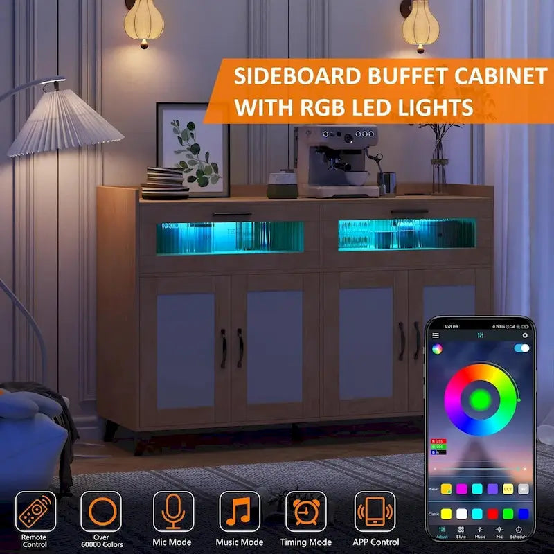 Buffet Sideboard Cabinet with RGB LED Lights and Power Outlets