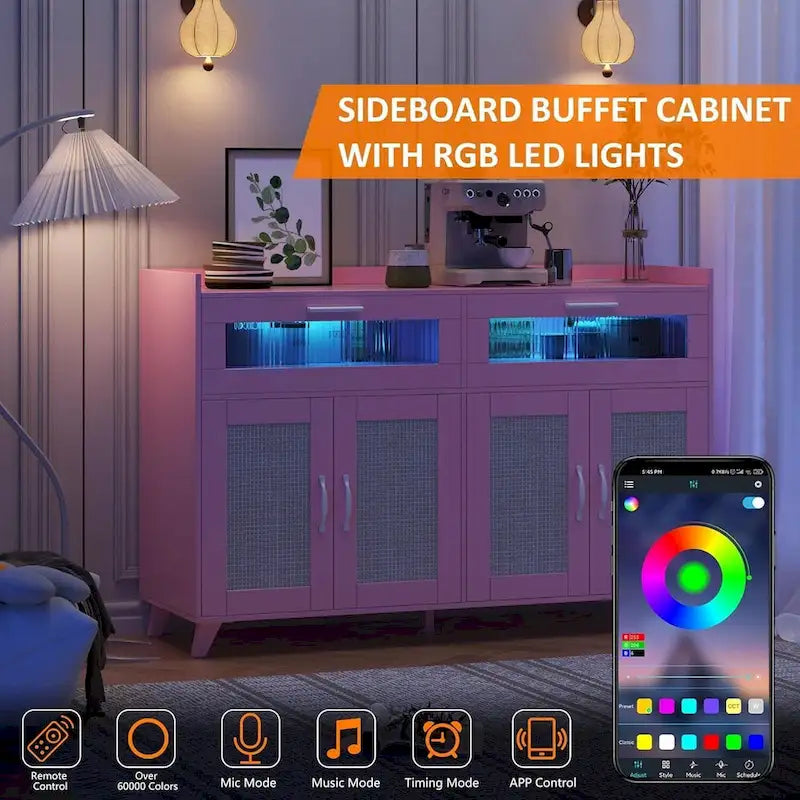 Buffet Sideboard Cabinet with RGB LED Lights and Power Outlets