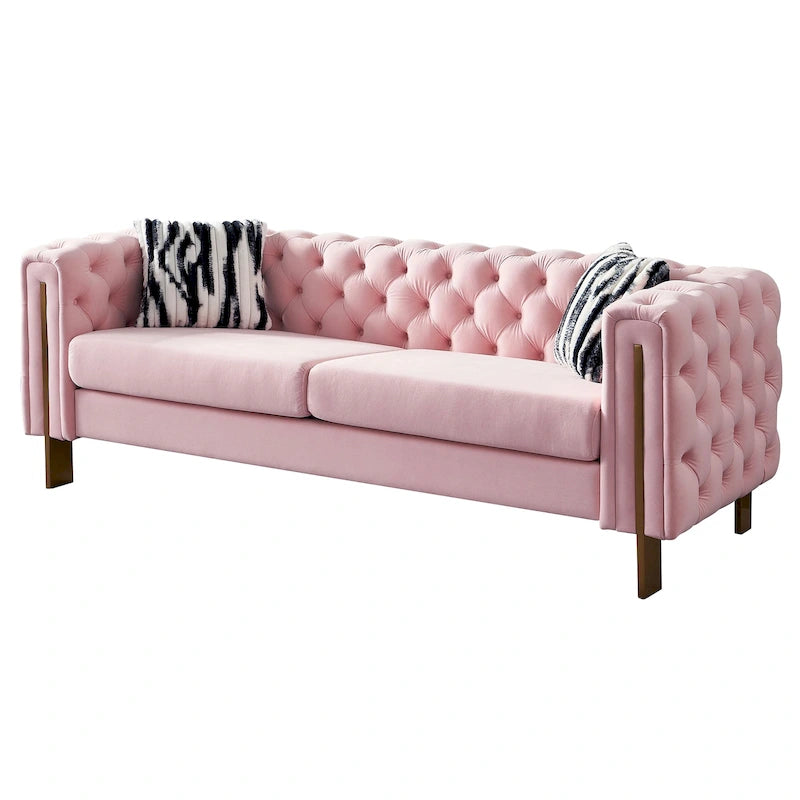 84.25-Inch Tufted Velvet Sofa with Golden Legs
