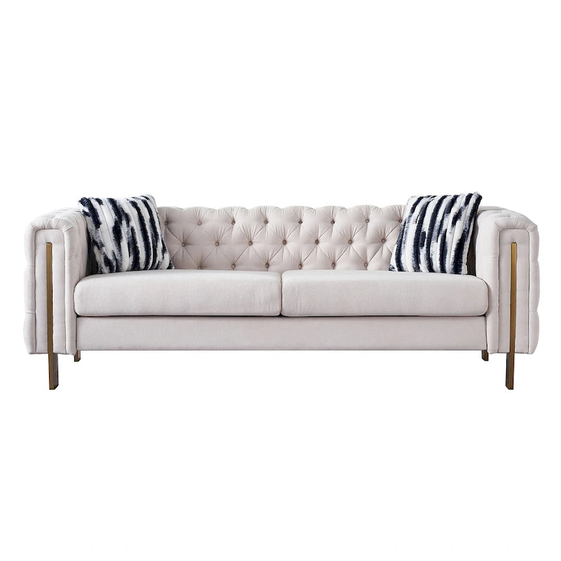 84.25-Inch Tufted Velvet Sofa with Golden Legs