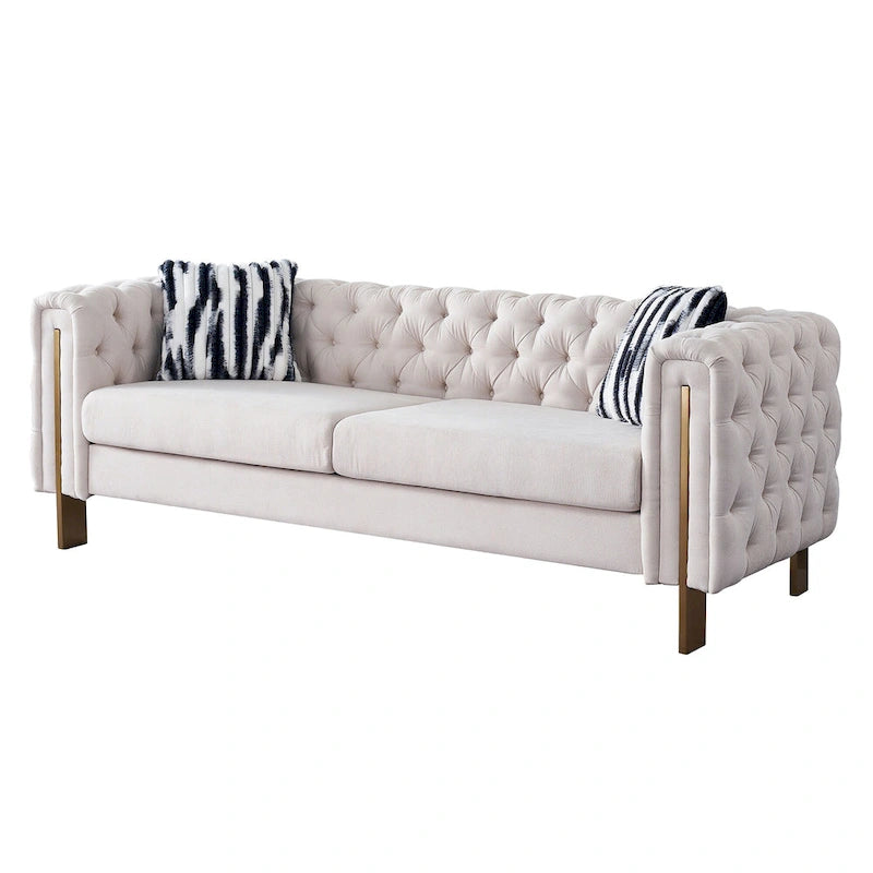 84.25-Inch Tufted Velvet Sofa with Golden Legs