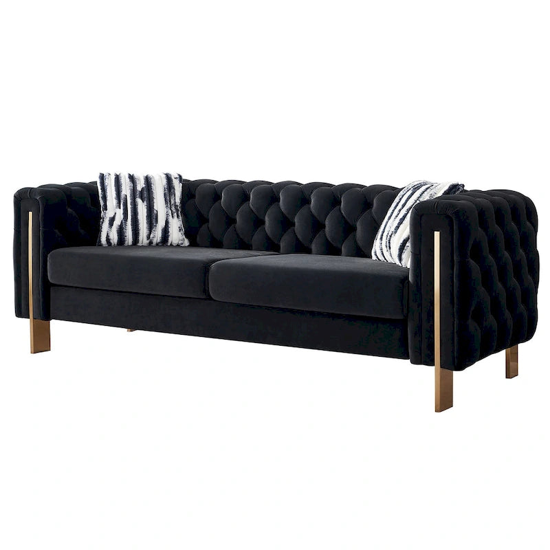 84.25-Inch Tufted Velvet Sofa with Golden Legs
