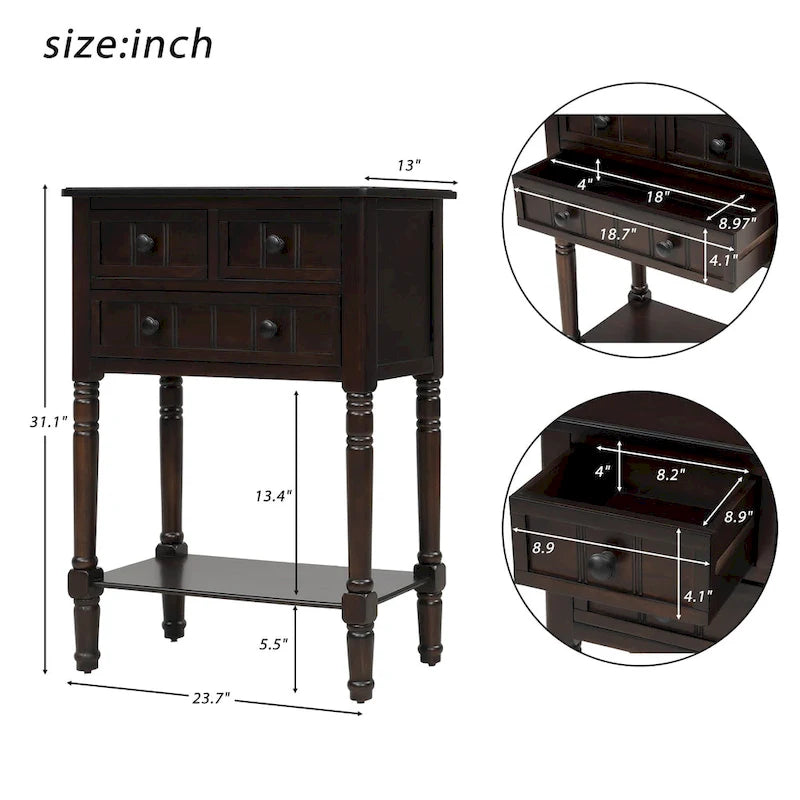 3-Drawer Solid Wood Console Table with Bottom Shelf