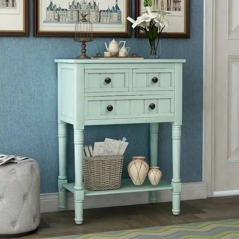 3-Drawer Solid Wood Console Table with Bottom Shelf