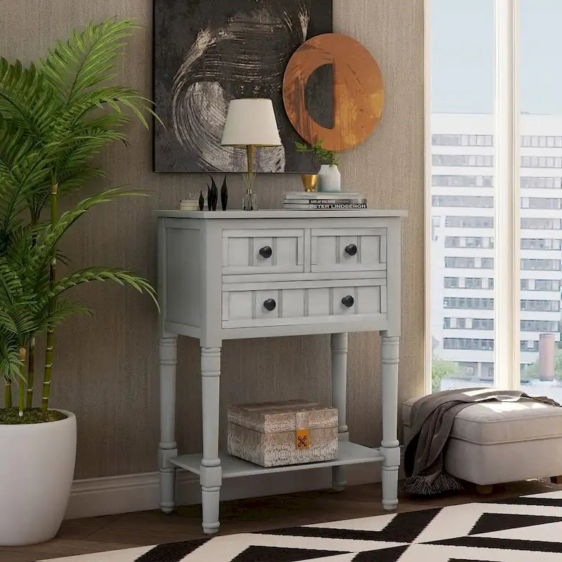 3-Drawer Solid Wood Console Table with Bottom Shelf