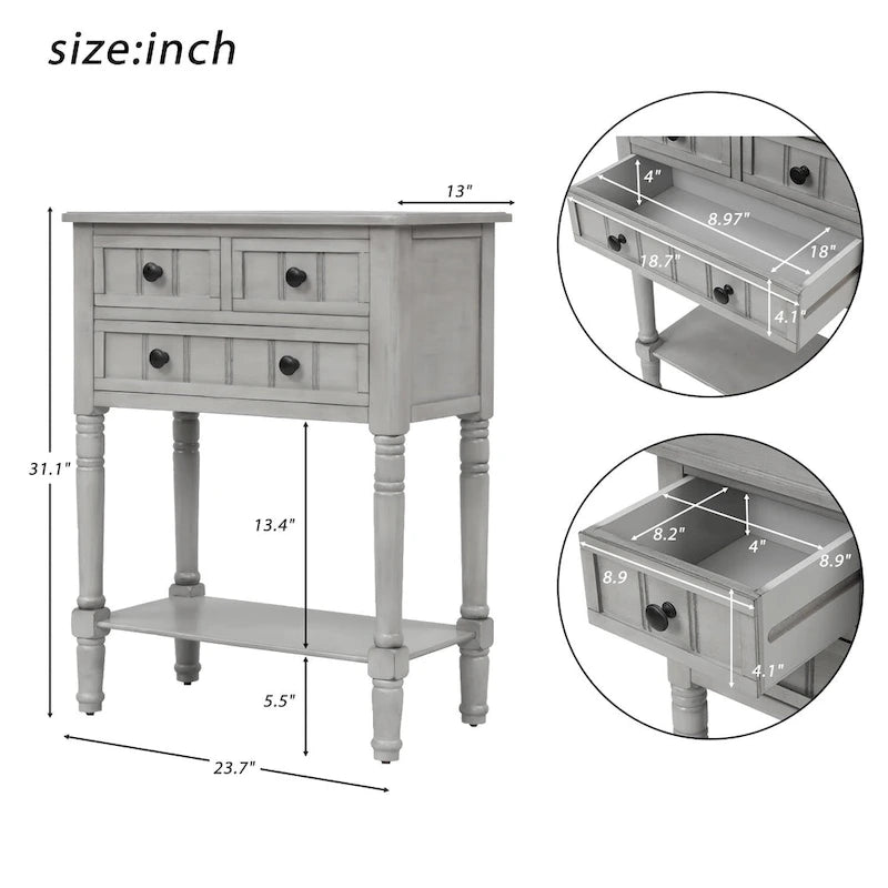 3-Drawer Solid Wood Console Table with Bottom Shelf