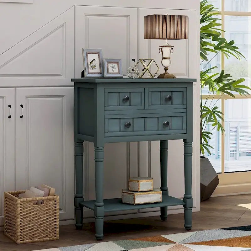 3-Drawer Solid Wood Console Table with Bottom Shelf