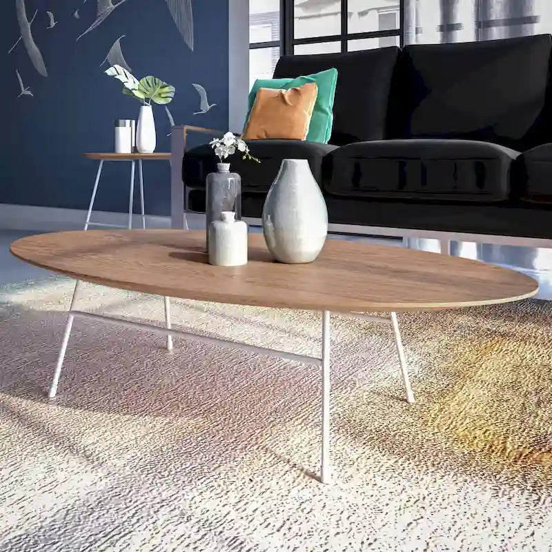 Rossmore Modern Oval Accent Coffee Table with White Powder Coated Steel Frame for Home Office Living Room Bedroom