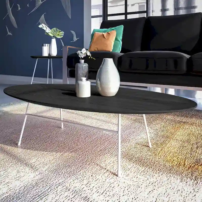 Modern Oval Coffee Table with Powder-Coated Steel Frame
