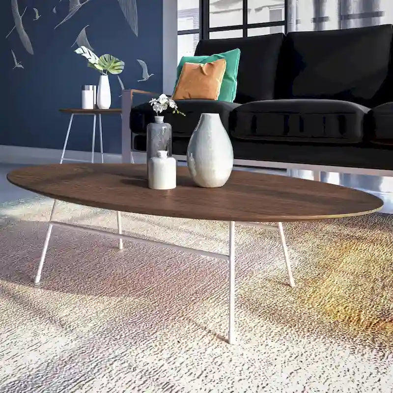 Modern Oval Coffee Table with Powder-Coated Steel Frame