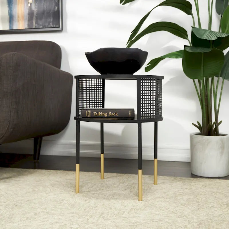 Black Metal Geometric Accent or Coffee Table with Shelf and Gold Legs