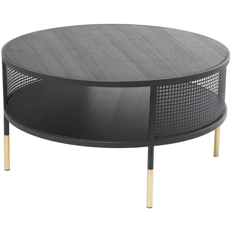 Black Metal Geometric Accent or Coffee Table with Shelf and Gold Legs
