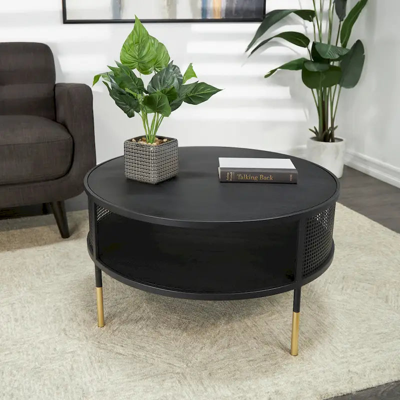 Black Metal Geometric Accent or Coffee Table with Shelf and Gold Legs