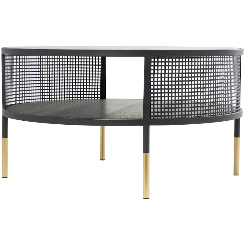 Black Metal Geometric Accent or Coffee Table with Shelf and Gold Legs