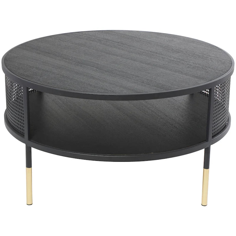 Black Metal Geometric Accent or Coffee Table with Shelf and Gold Legs