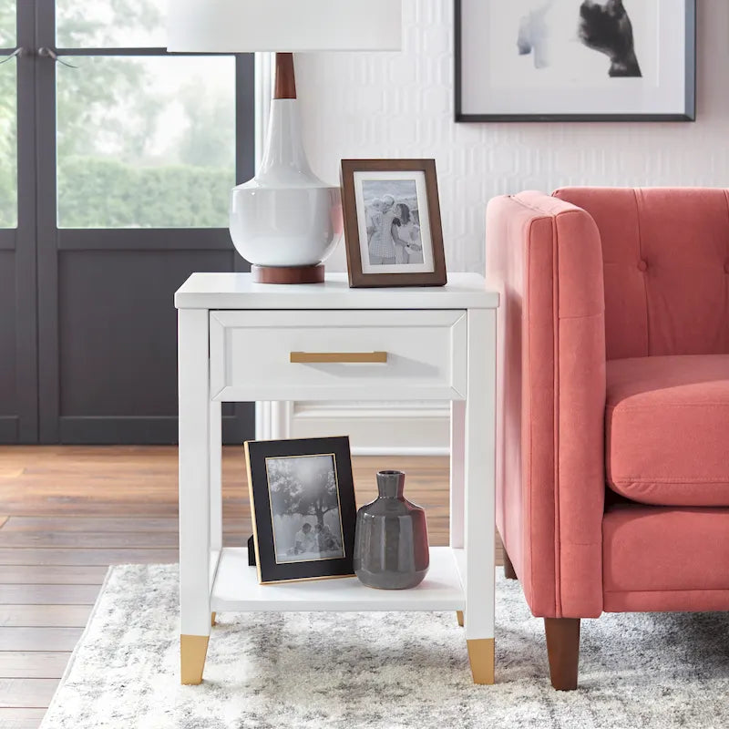 White Mid-Century End Table with Drawer and Shelf