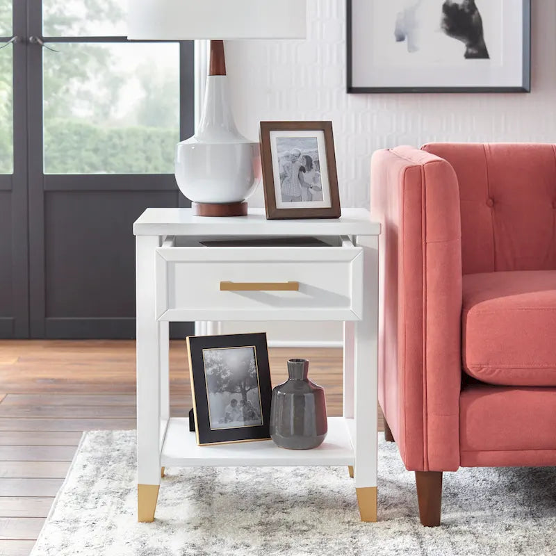 White Mid-Century End Table with Drawer and Shelf