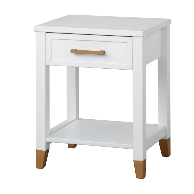 White Mid-Century End Table with Drawer and Shelf