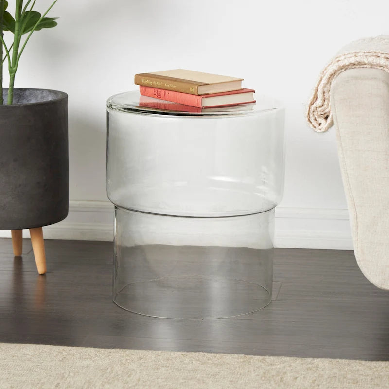 Modern Round Glass Accent Table - Clear or Red