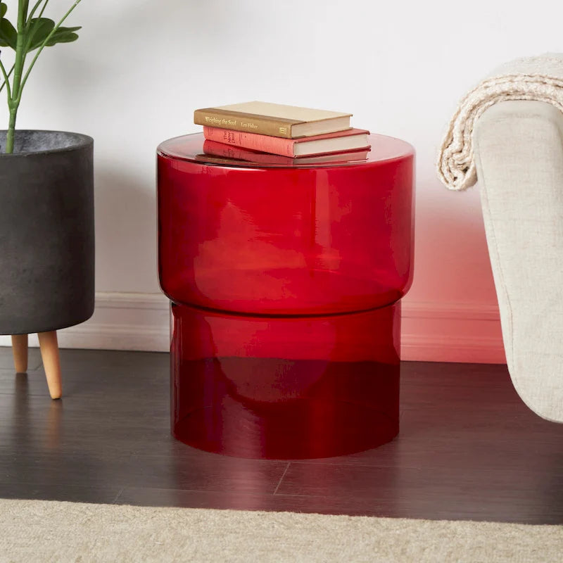 Modern Round Glass Accent Table - Clear or Red