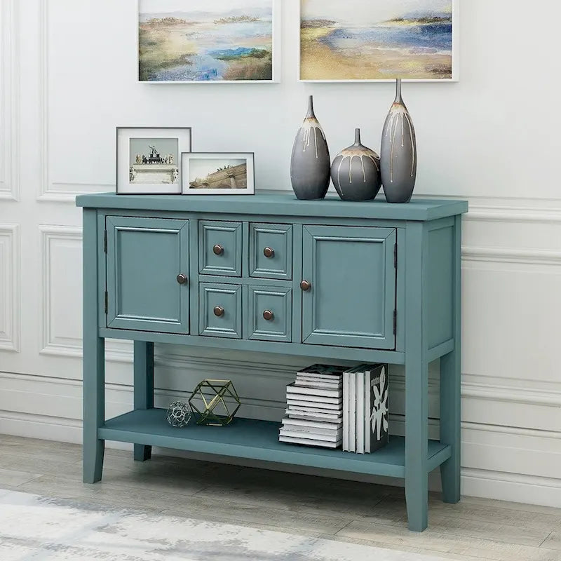 Retro Solid Wood Buffet Sideboard with Drawers, Cabinets and Bottom Shelf