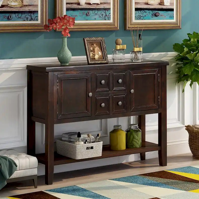 Retro Solid Wood Buffet Sideboard with Drawers, Cabinets and Bottom Shelf