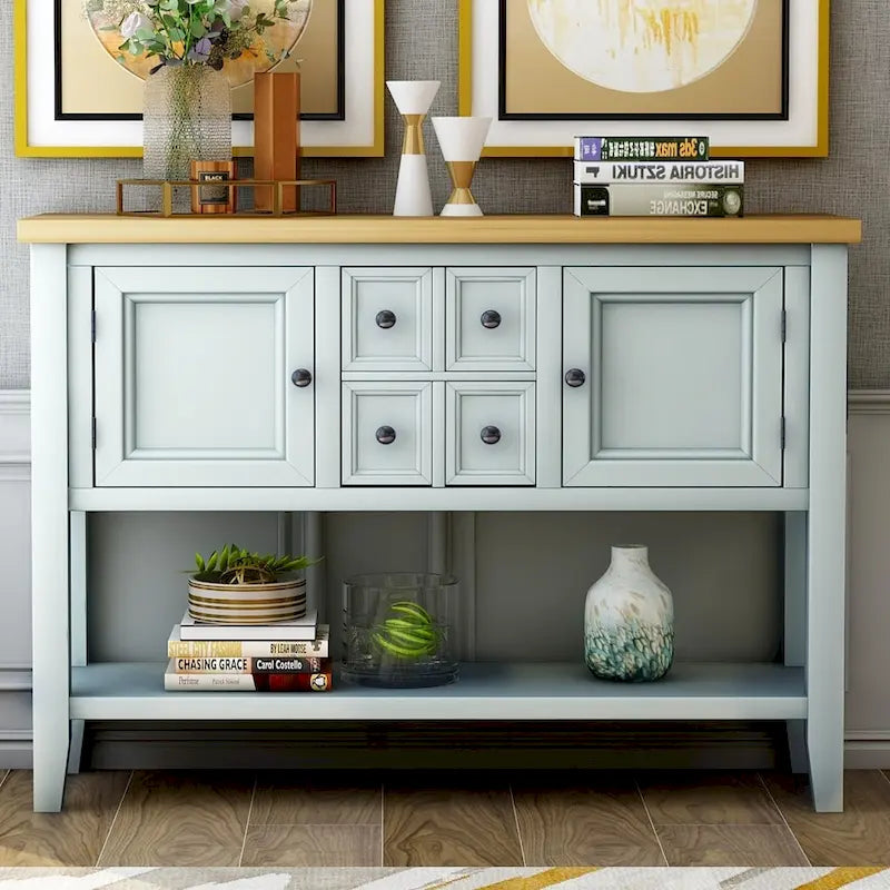 Retro Solid Wood Buffet Sideboard with Drawers, Cabinets and Bottom Shelf