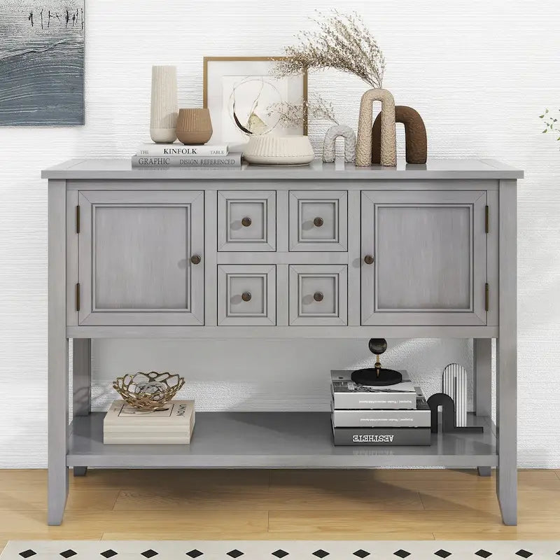 Retro Solid Wood Buffet Sideboard with Drawers, Cabinets and Bottom Shelf