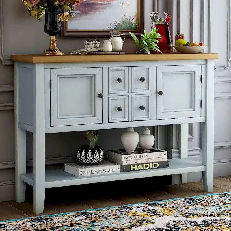 Retro Solid Wood Buffet Sideboard with Drawers, Cabinets and Bottom Shelf