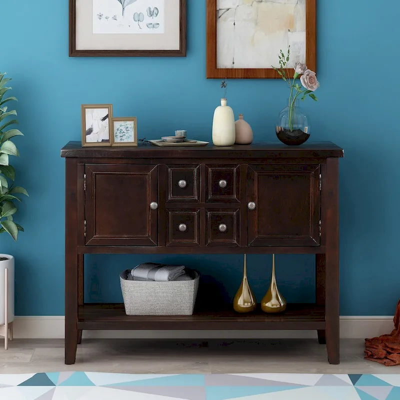 Retro Solid Wood Buffet Sideboard with Drawers, Cabinets and Bottom Shelf