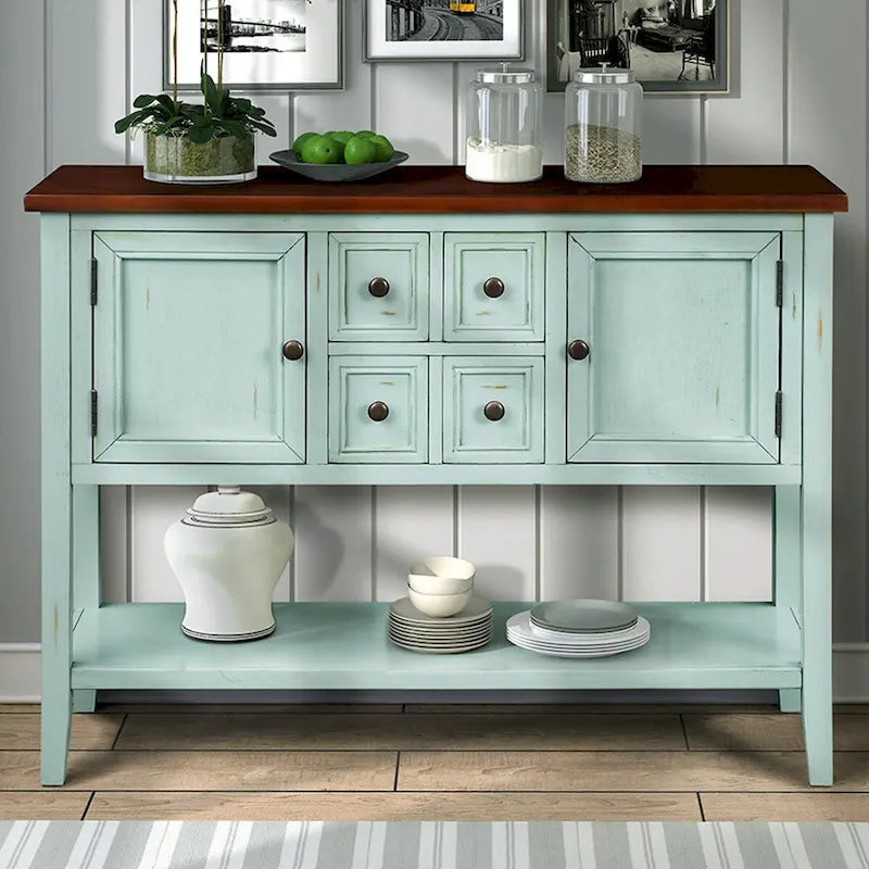Retro Solid Wood Buffet Sideboard with Drawers, Cabinets and Bottom Shelf