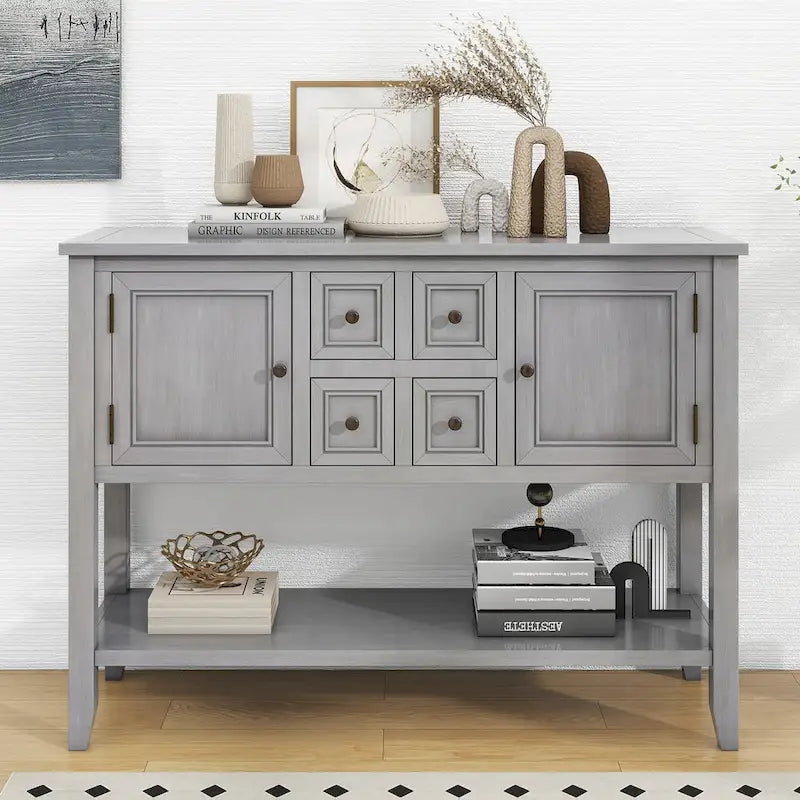 Retro Solid Wood Buffet Sideboard with Drawers, Cabinets and Bottom Shelf