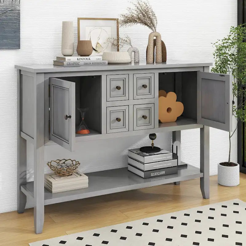 Retro Solid Wood Buffet Sideboard with Drawers, Cabinets and Bottom Shelf
