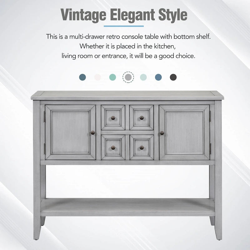 Retro Solid Wood Buffet Sideboard with Drawers, Cabinets and Bottom Shelf