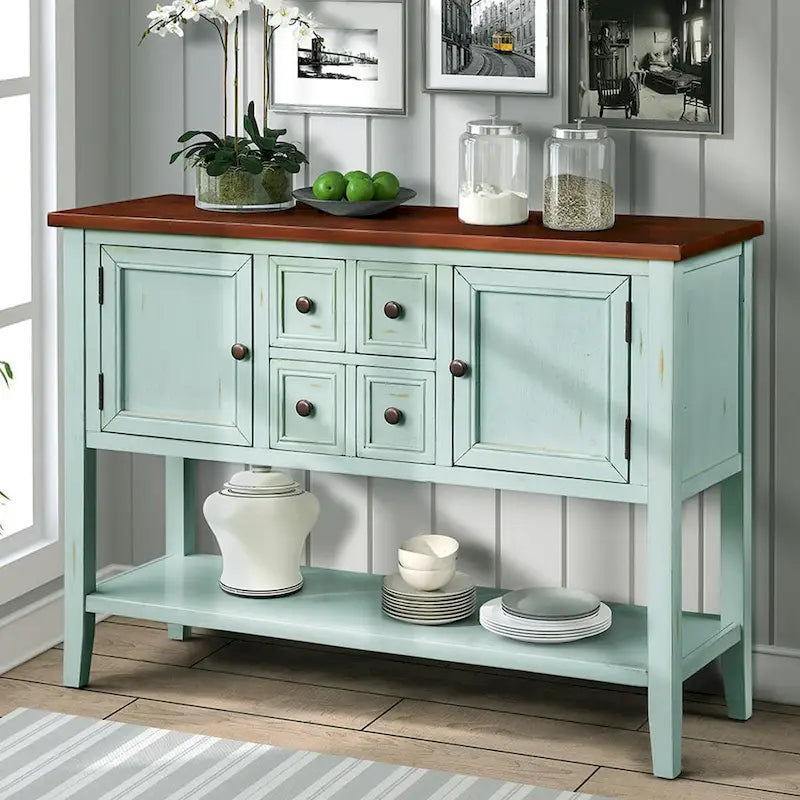 Retro Solid Wood Buffet Sideboard with Drawers, Cabinets and Bottom Shelf