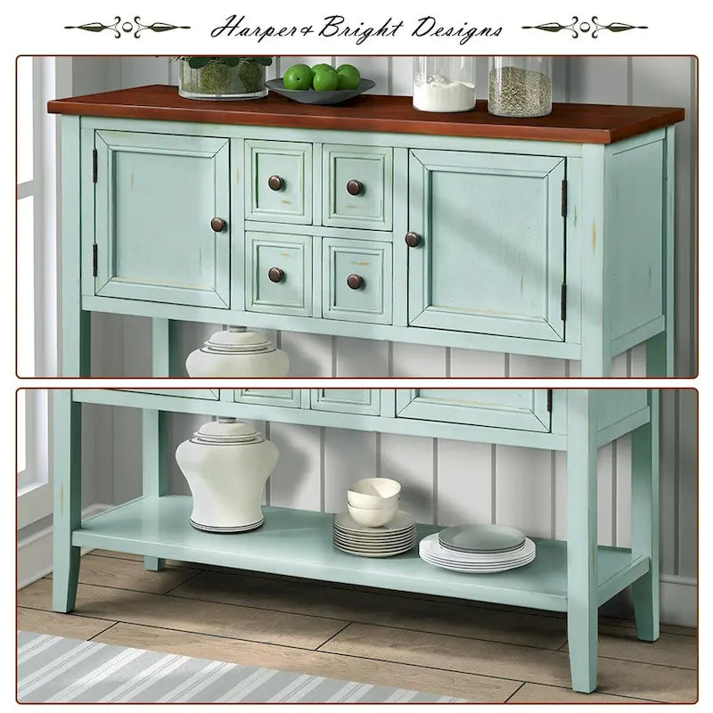 Retro Solid Wood Buffet Sideboard with Drawers, Cabinets and Bottom Shelf
