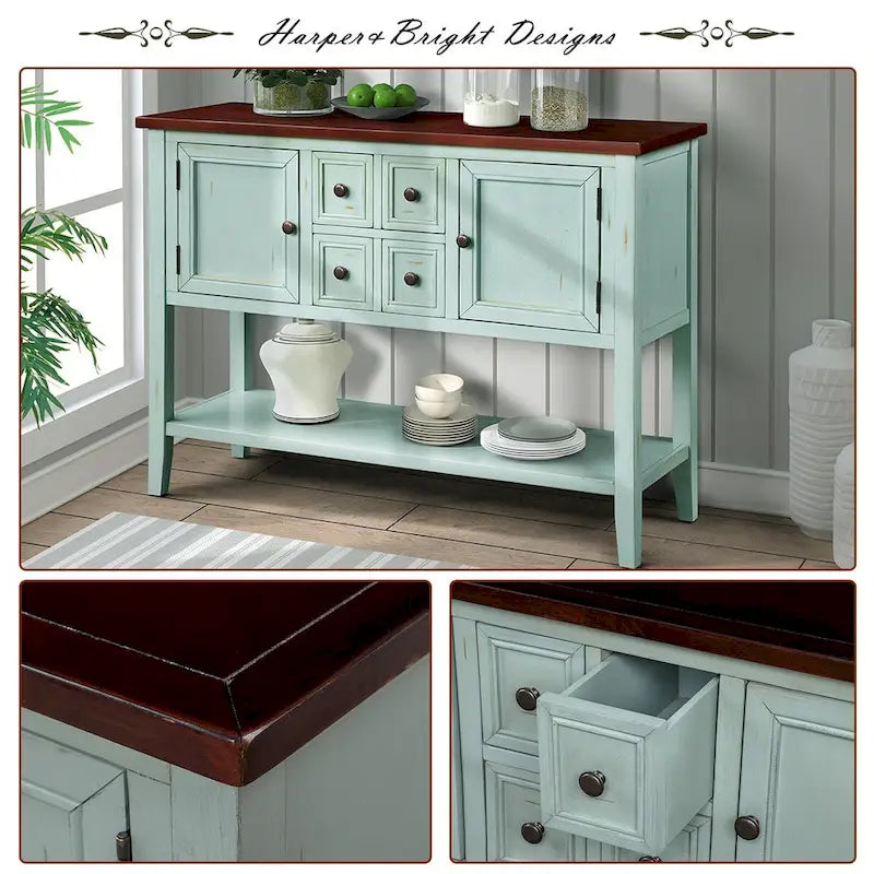 Retro Solid Wood Buffet Sideboard with Drawers, Cabinets and Bottom Shelf