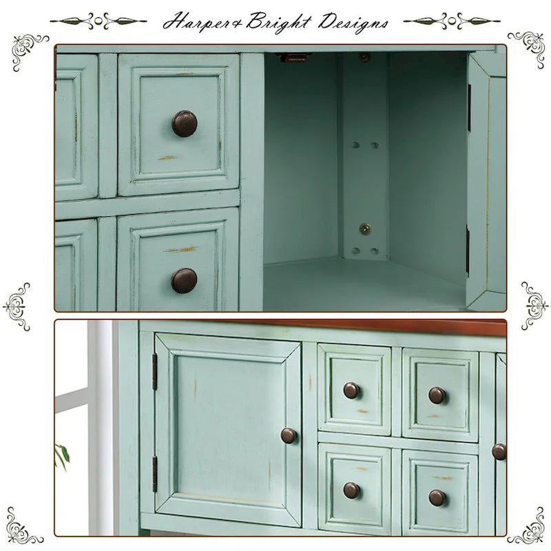 Retro Solid Wood Buffet Sideboard with Drawers, Cabinets and Bottom Shelf