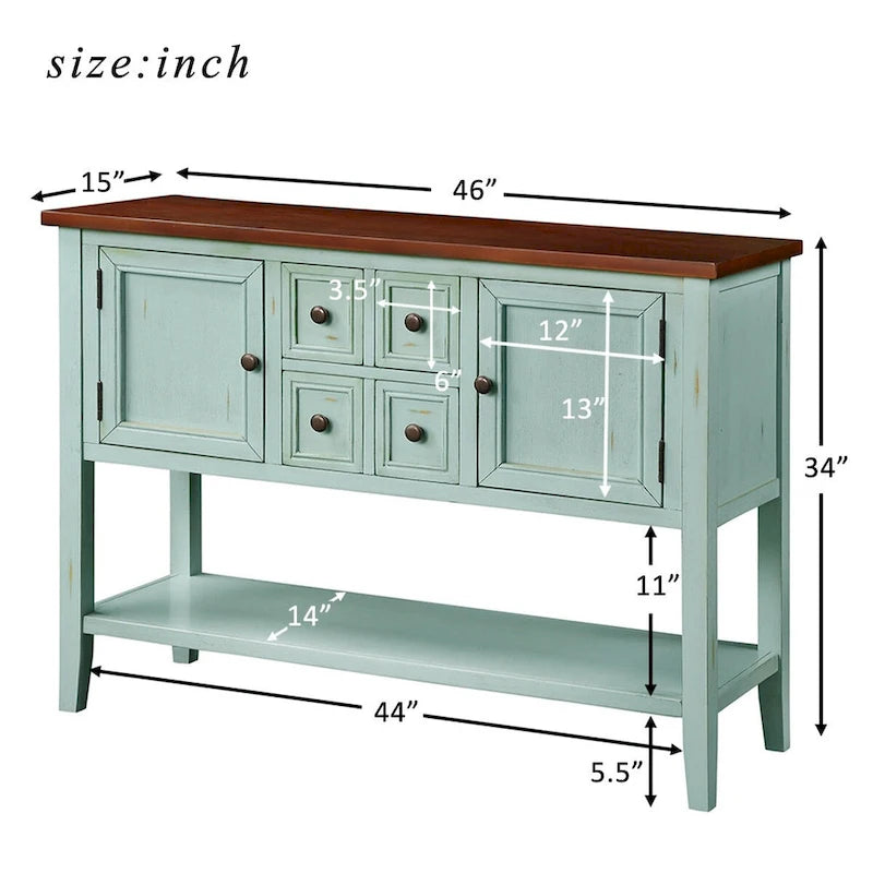 Retro Solid Wood Buffet Sideboard with Drawers, Cabinets and Bottom Shelf