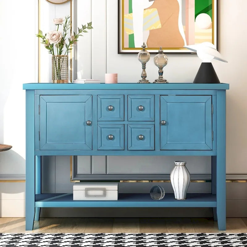 Retro Solid Wood Buffet Sideboard with Drawers, Cabinets and Bottom Shelf