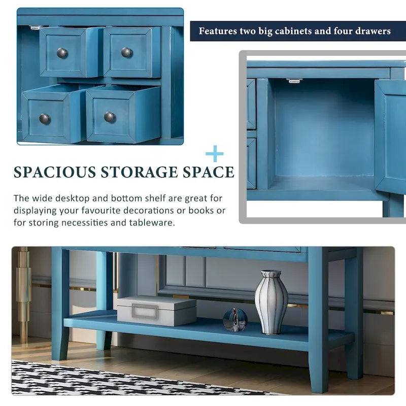 Retro Solid Wood Buffet Sideboard with Drawers, Cabinets and Bottom Shelf