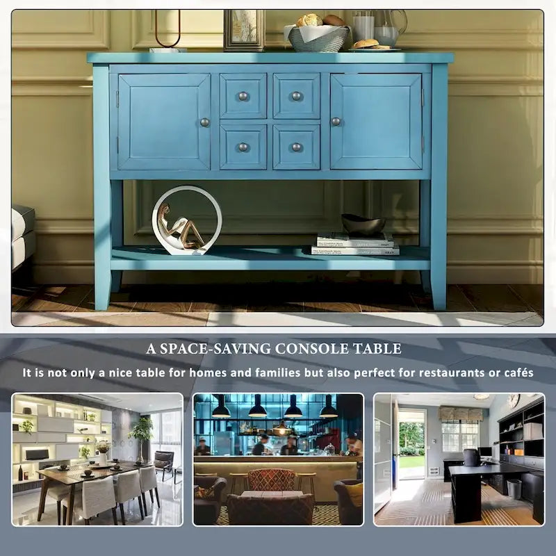 Retro Solid Wood Buffet Sideboard with Drawers, Cabinets and Bottom Shelf