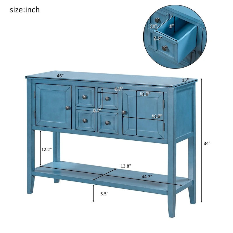 Retro Solid Wood Buffet Sideboard with Drawers, Cabinets and Bottom Shelf