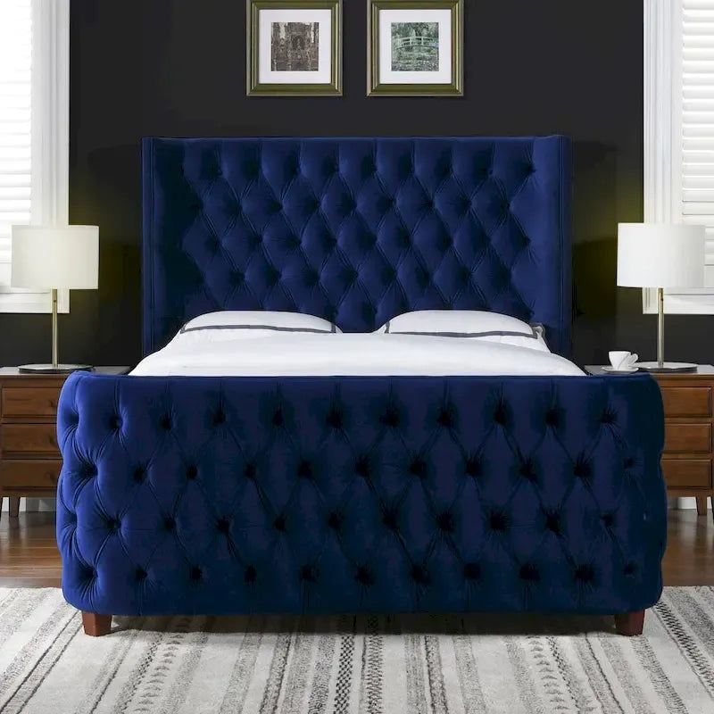 Velvet Upholstered Tufted Wingback Panel Bed Set