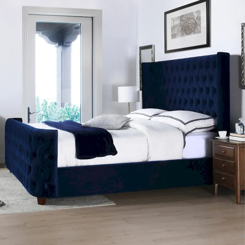 Velvet Upholstered Tufted Wingback Panel Bed Set