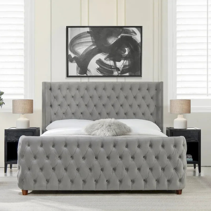 Velvet Upholstered Tufted Wingback Panel Bed Set