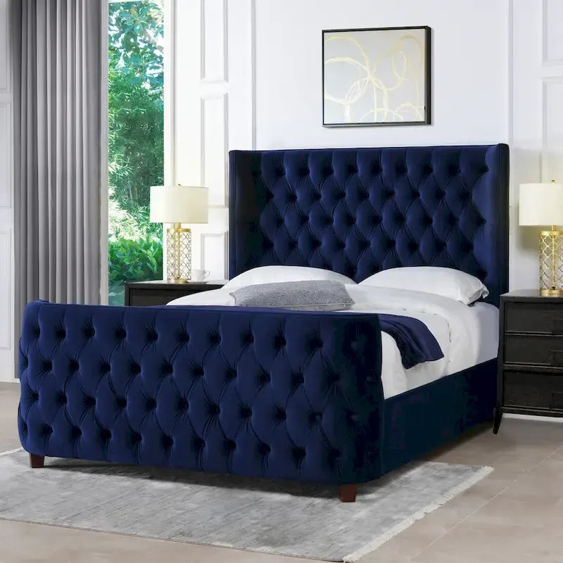 Velvet Upholstered Tufted Wingback Panel Bed Set