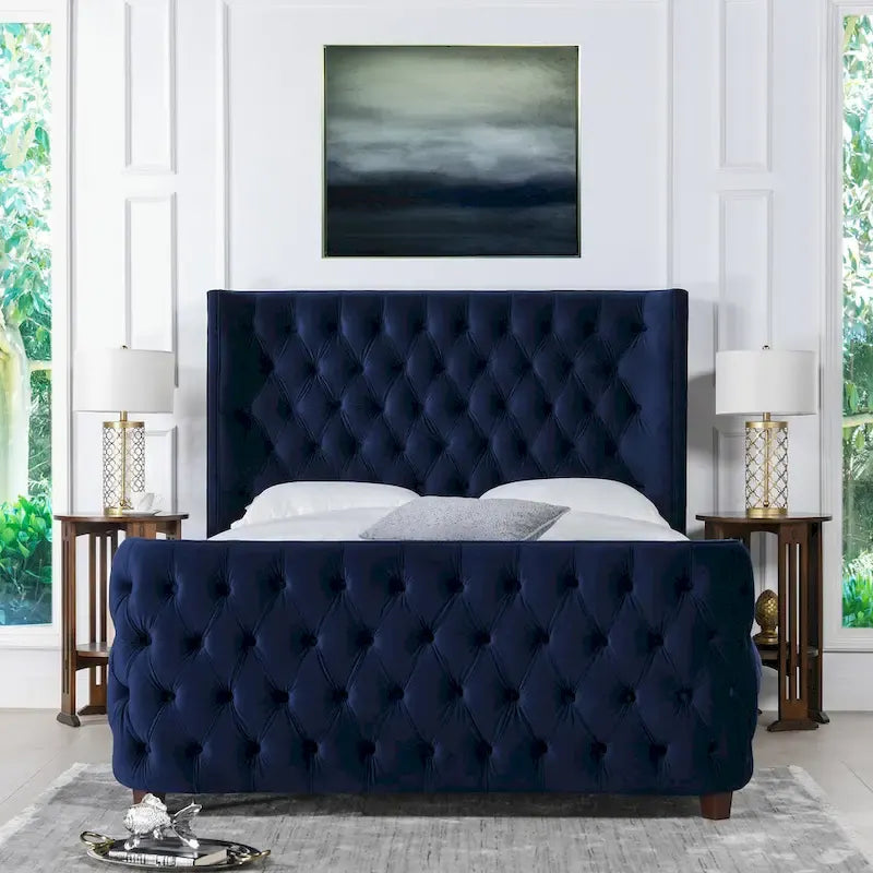 Velvet Upholstered Tufted Wingback Panel Bed Set