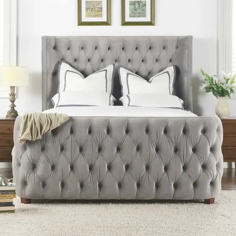 Velvet Upholstered Tufted Wingback Panel Bed Set