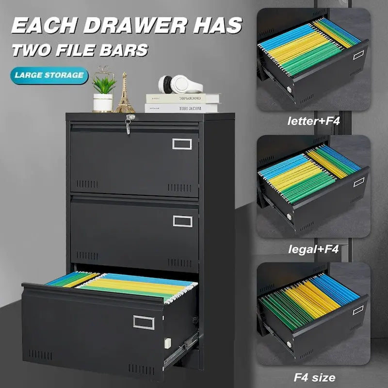 3-Drawer Metal Lateral File Cabinet with Lock